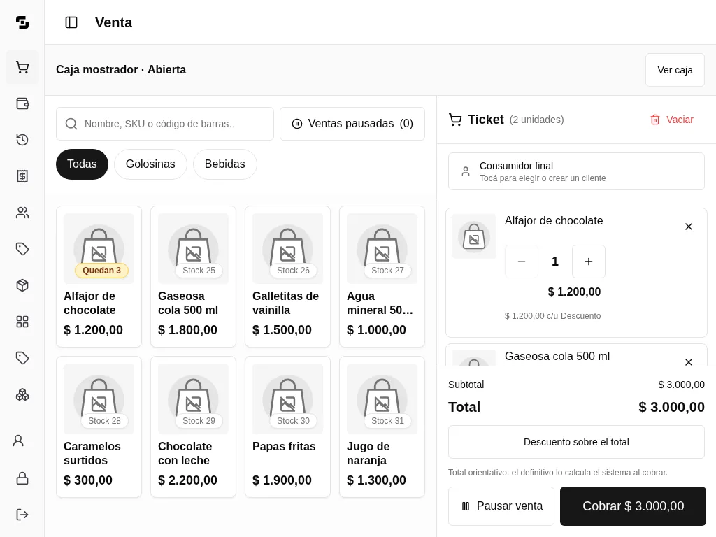 Pantalla de venta con productos de kiosco y carrito